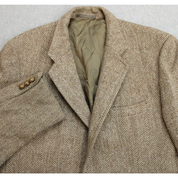 Harris Tweed Blazer Mens 46R Brown Herringbone Elbow Patch Notch Lapel Blazer - Picture 1 of 12